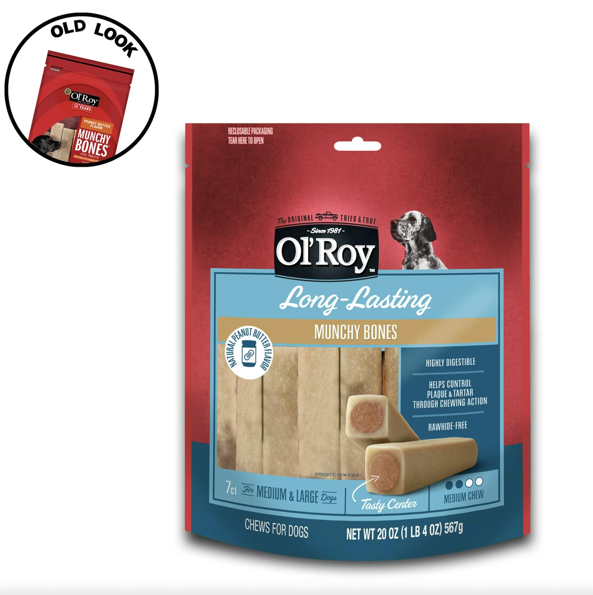 Ol' Roy Munchy Hueso mantequilla de maní, etiqueta visible, sabor para perros
