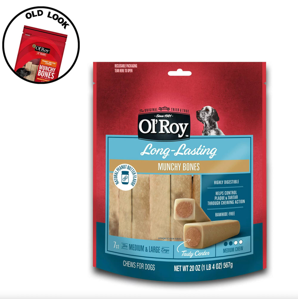 Ol' Roy Munchy Hueso mantequilla de maní, etiqueta visible, sabor para perros