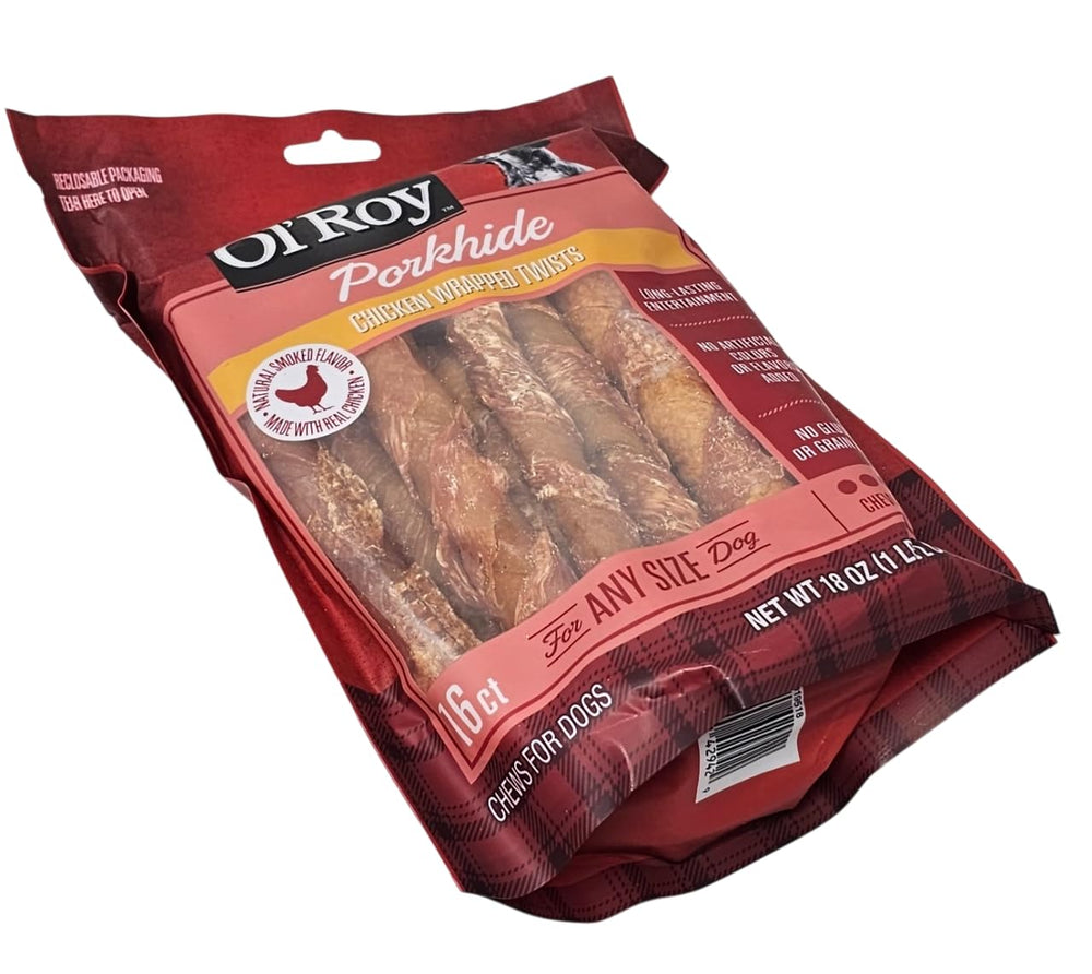 Ol' Roy snack para perros piel cerdo envuelta con pollo, apto para todas las tallas.
