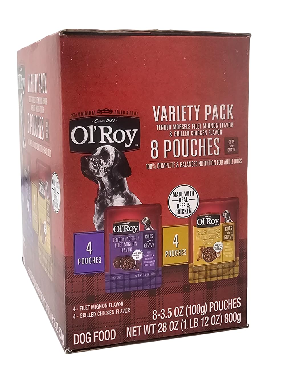 Ol' Roy sobres 3-5oz filet mignon, porción lista para servir.