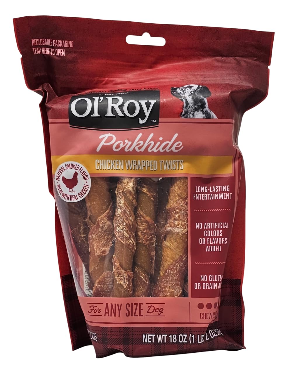 Ol' Roy tiras envueltas piel cerdo pollo para perros, sabor natural sin colorantes artificiales.
