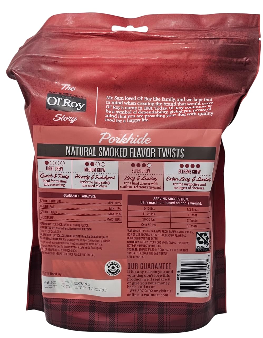 Ol' Roy torcidos de porkhide, primer plano, snack sabroso natural para perros.