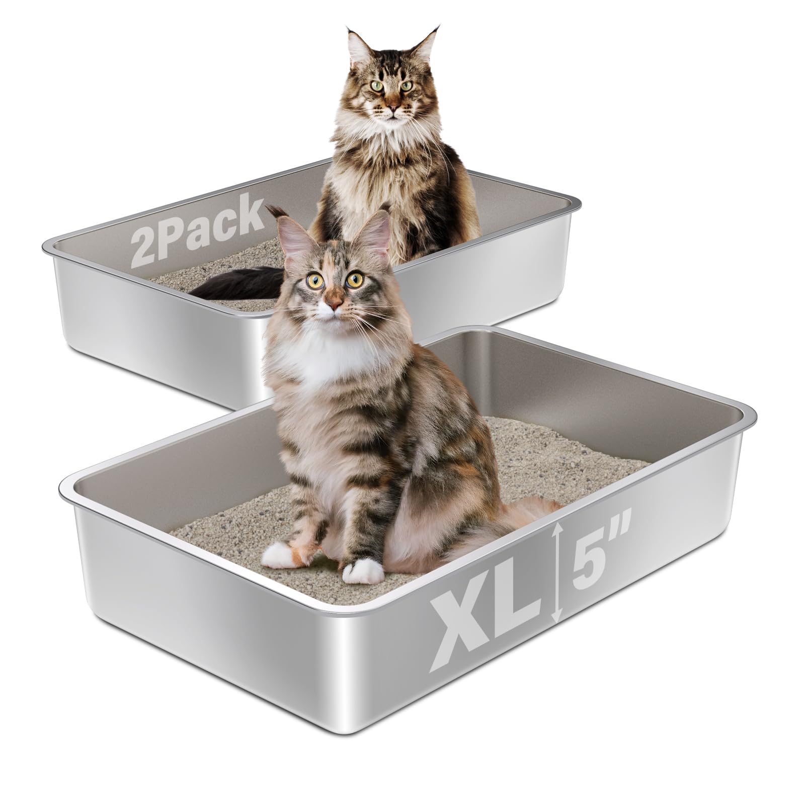 Olacat caja de arena de acero inoxidable, vista frontal, ideal para gatos grandes.