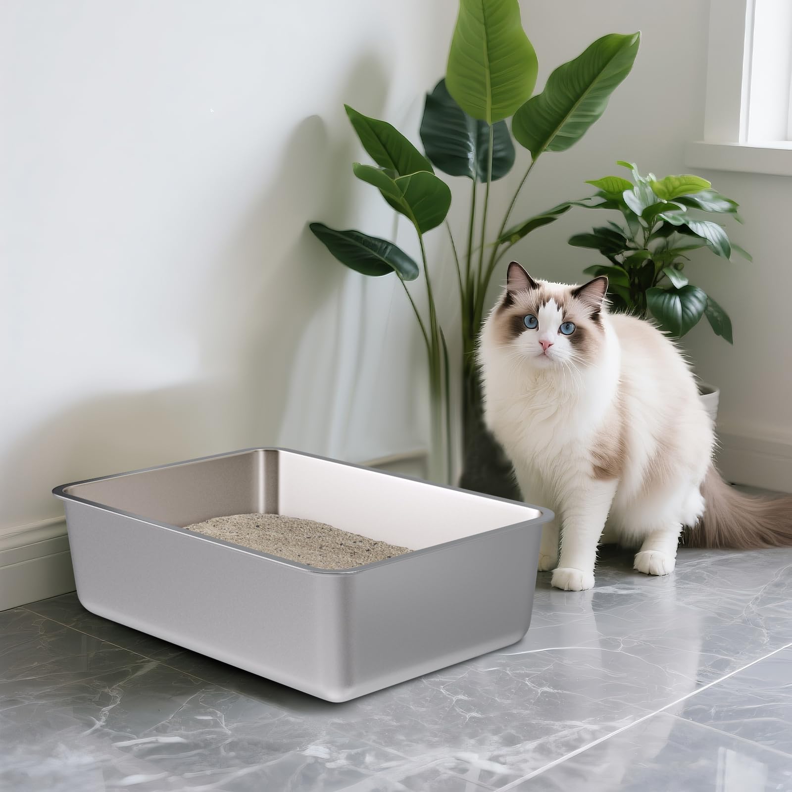 Olacat caja de arena de acero inoxidable, fácil de limpiar y mantener.
