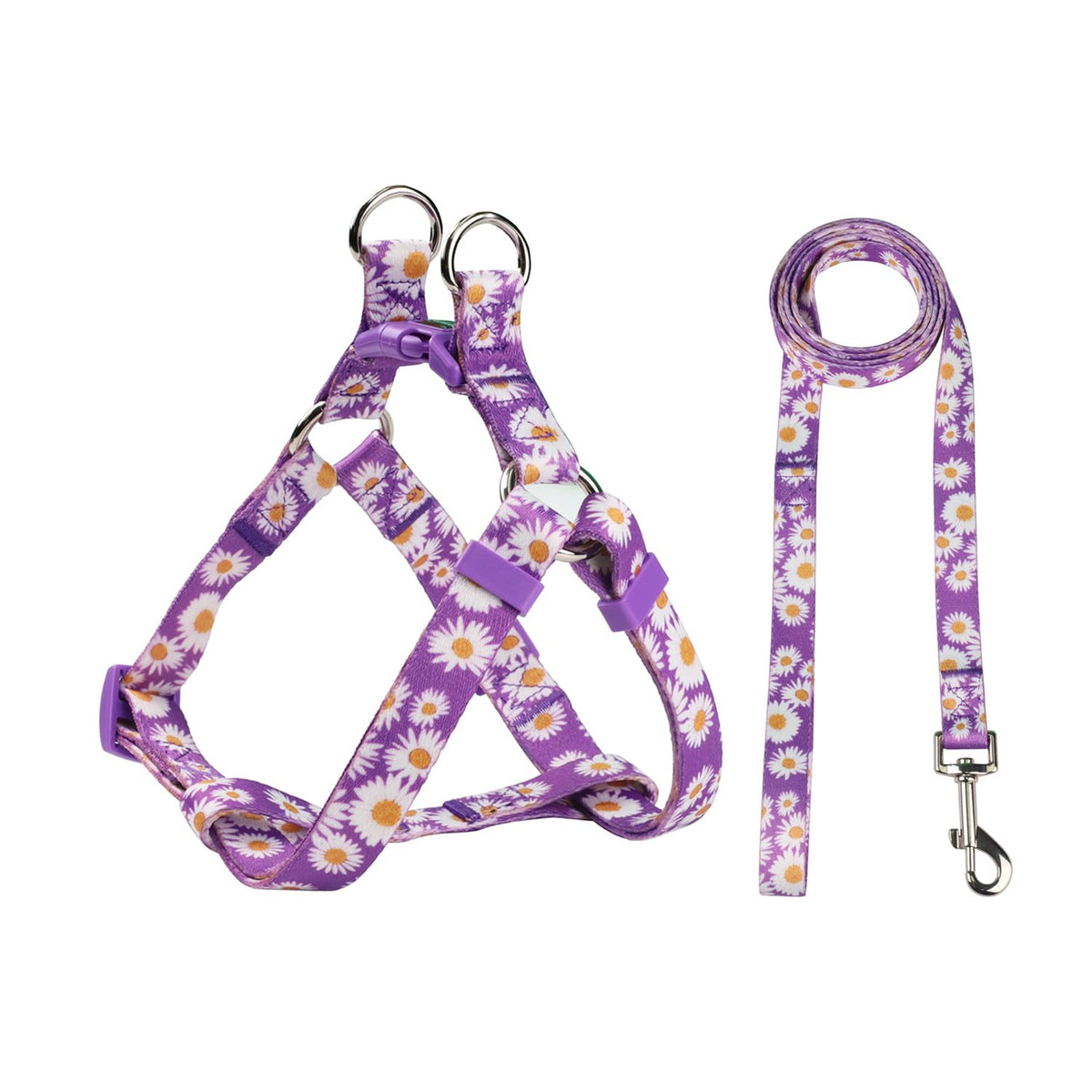 Olahibi arnés para perro con acabado floral morado, diseño de dos caras para paseos cómodos.