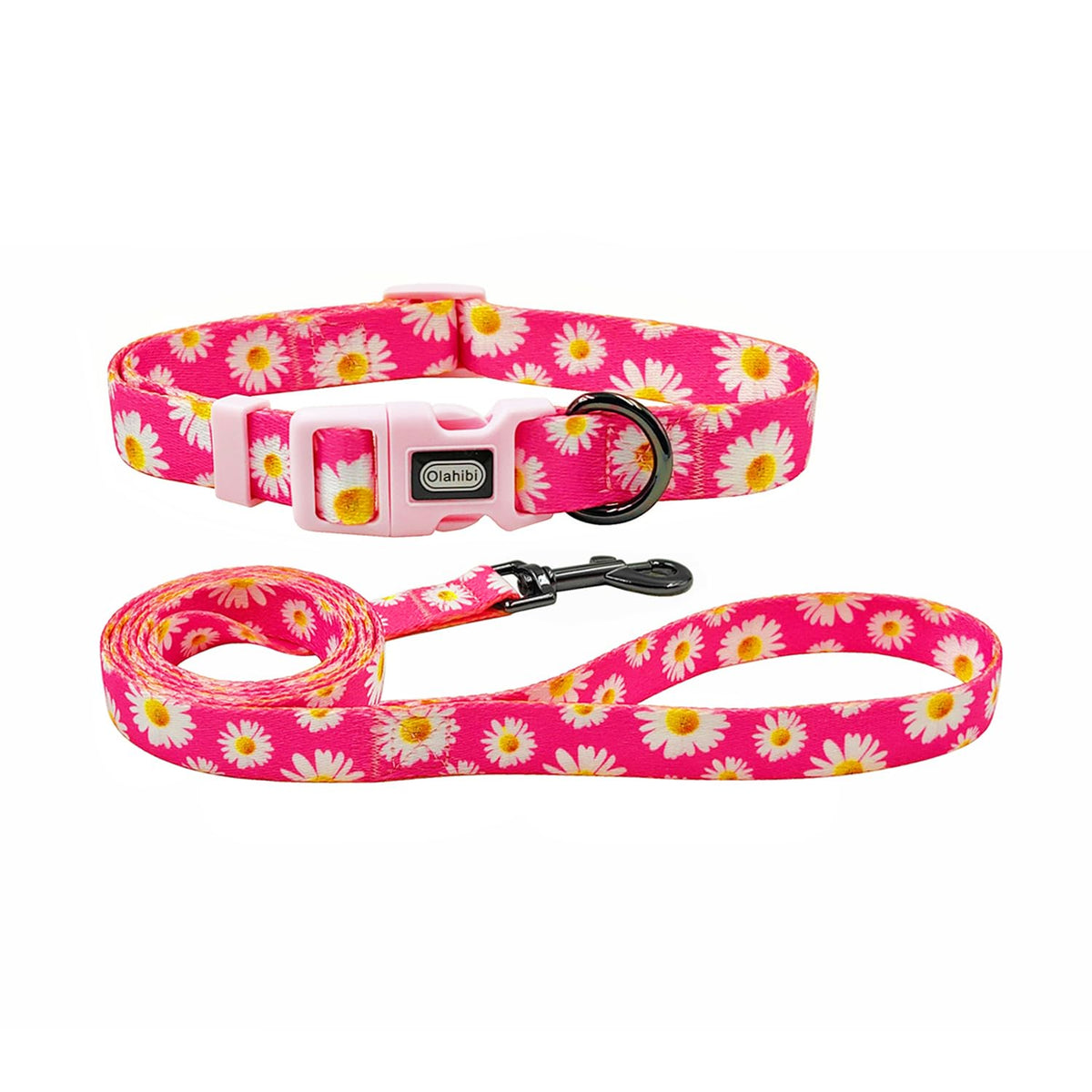 Olahibi collar y correa con patrón margaritas rosa, ideal para paseos diarios.
