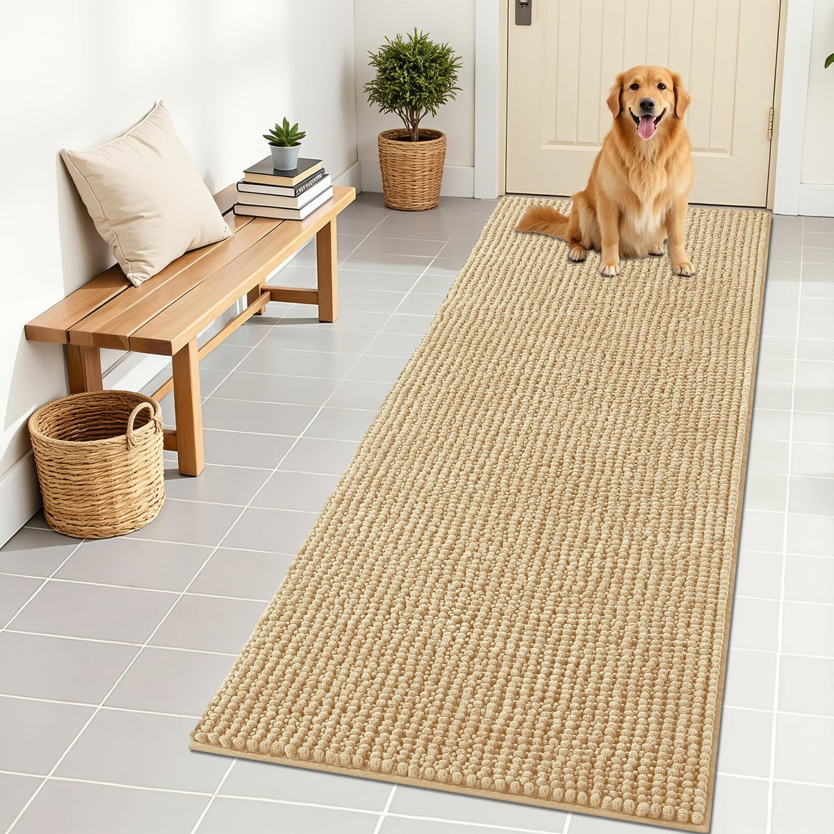 Alfombra OLANLY para perros, textura chenille suave, ideal para entradas y confort.