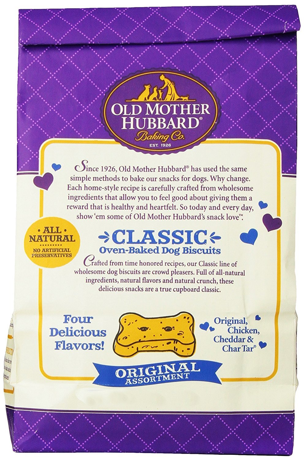 Empaque original de Old Mother Hubbard con dos paquetes para mantener la frescura.