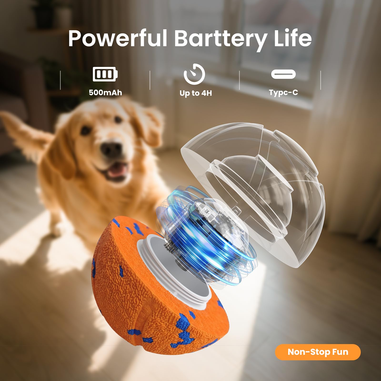 Ollapet bola carga rápida USB-C, cuatro horas de juego continuo.