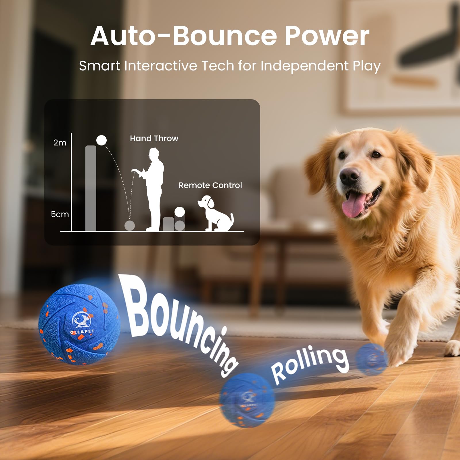 Ollapet bola con control remoto para ajustar modos de juego y mantener la atención.