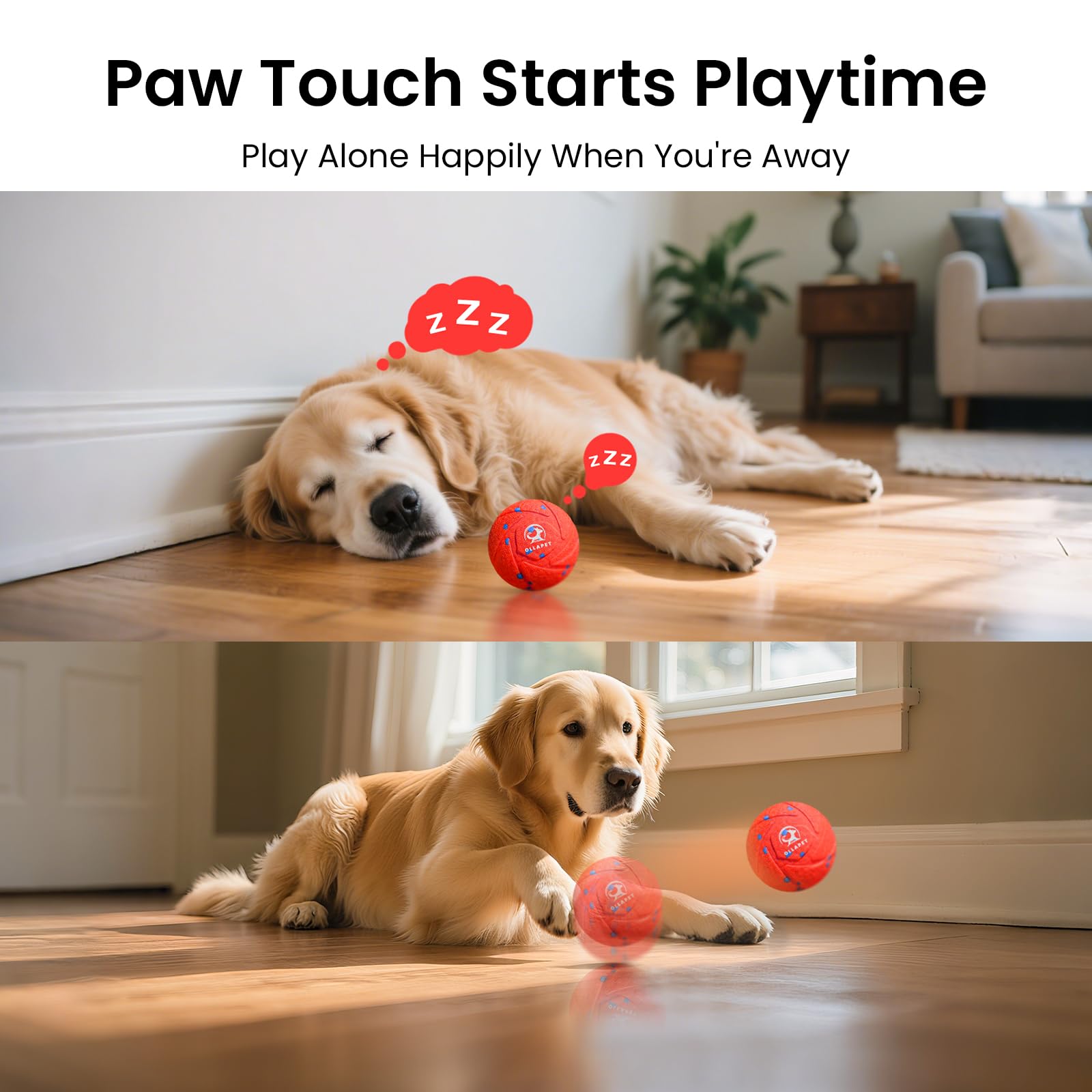 Ollapet bola roja con carga USB-C, juego continuo tras carga rápida.