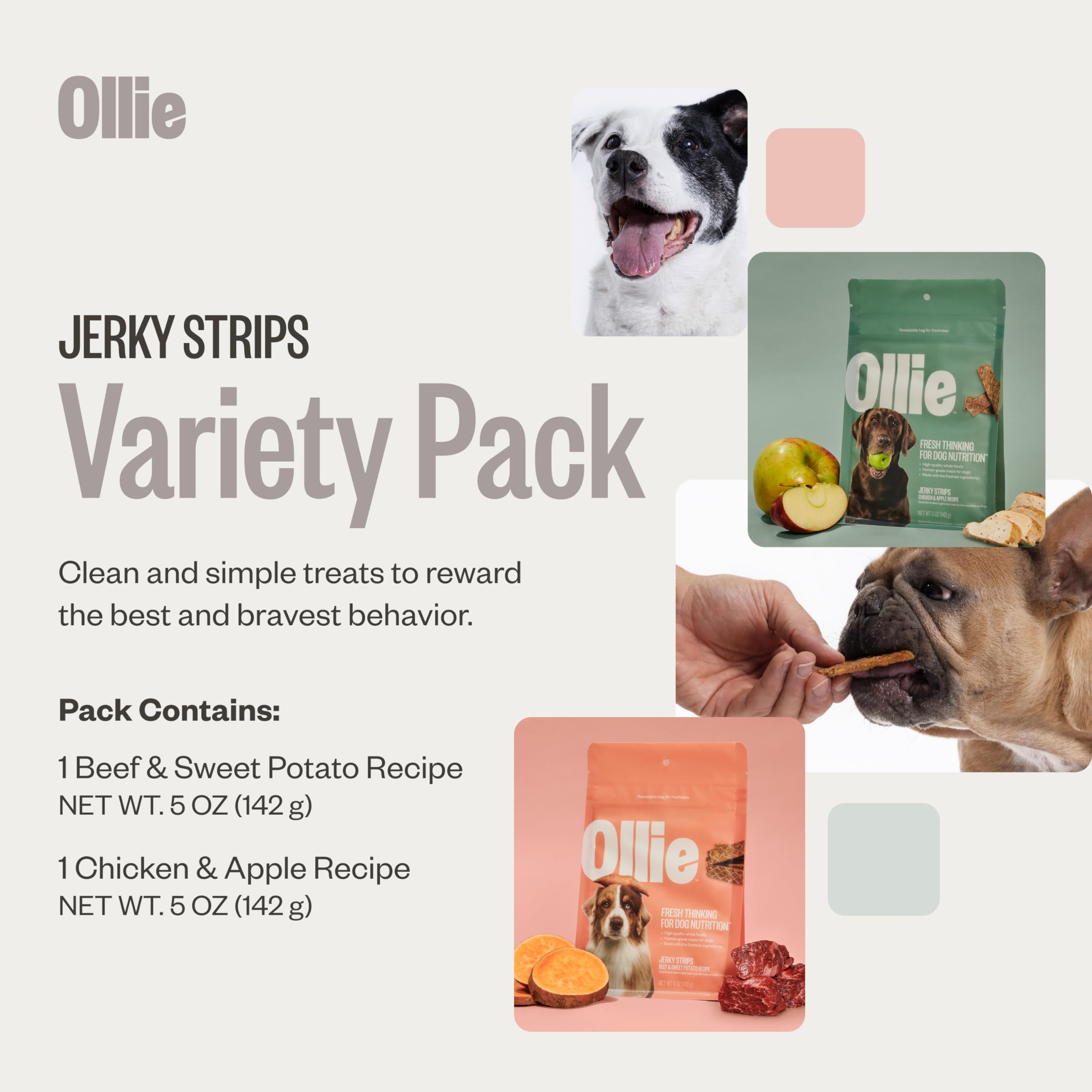 Ollie Jerky para perros, lista de ingredientes naturales y simples