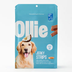 Ollie Salmón y Coco Jerky para perros, envase práctico.