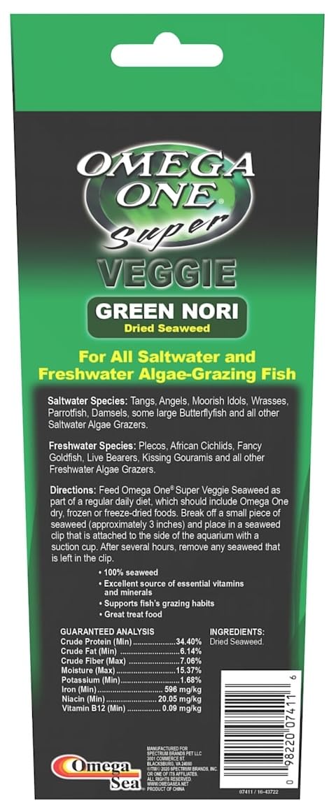 Omega One: algas nori verdes en tiras, fuente natural de vitaminas para acuarios.