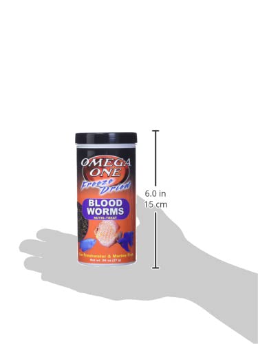 Omega One gusanos sangre congelados, etiqueta que resalta valor nutricional y seguridad.