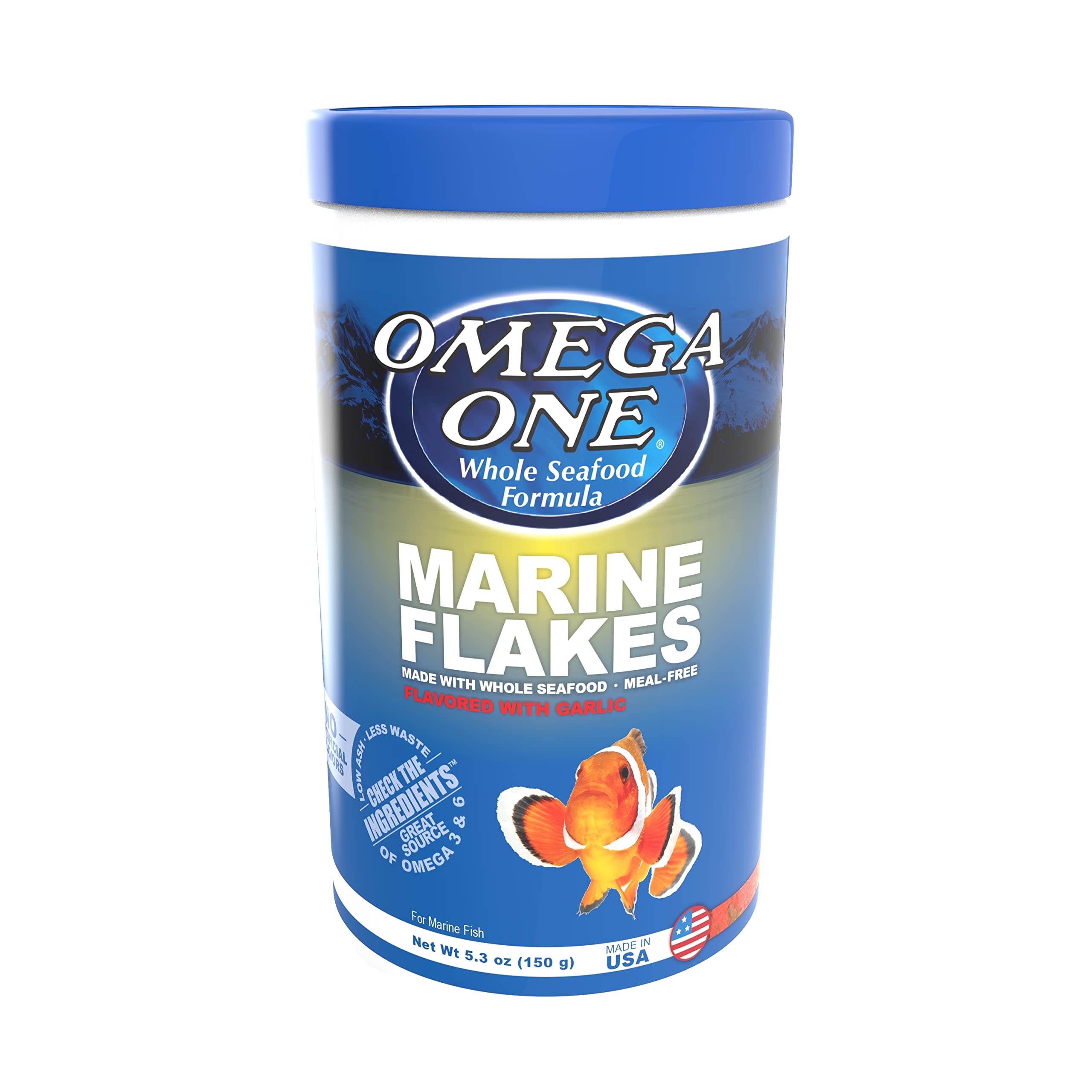 Omega One Hojuelas Marinas Ajo Copa Medidora: dosis diaria fácil para peces.