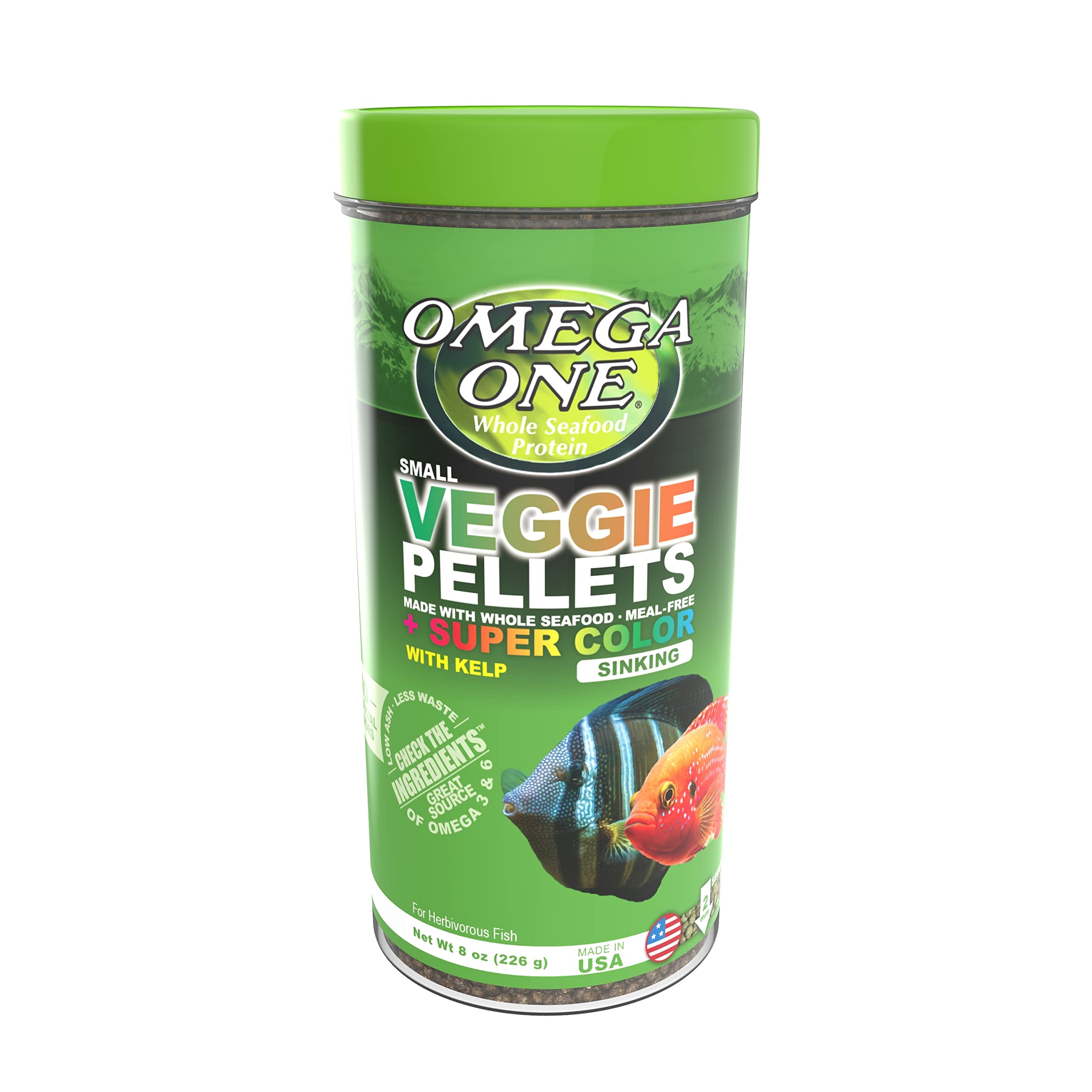Omega One Super Color Kelps Pellets en bote, realza colores y facilita la alimentación diaria.