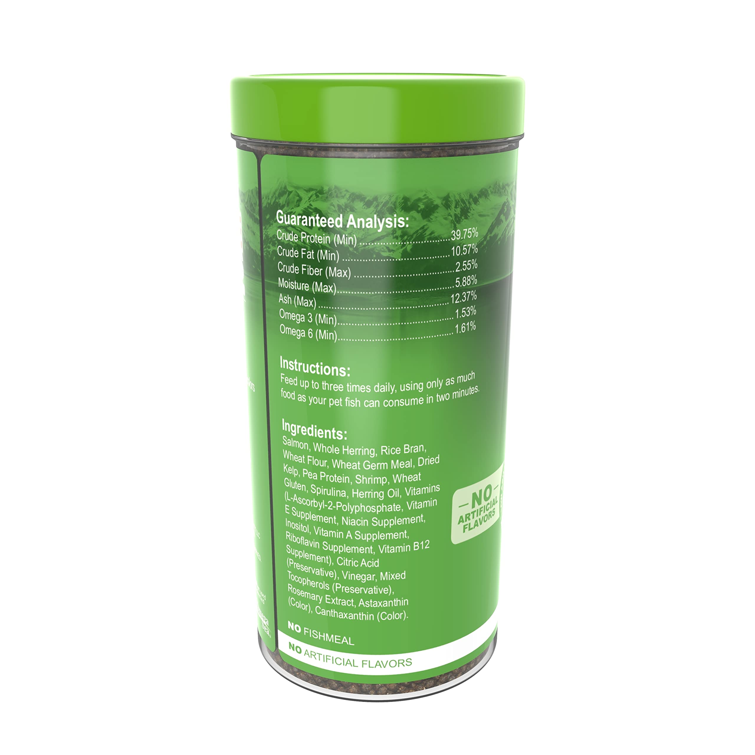Omega One Super Color Kelps Pellets en envase, pensado para guardado y frescura del alimento.
