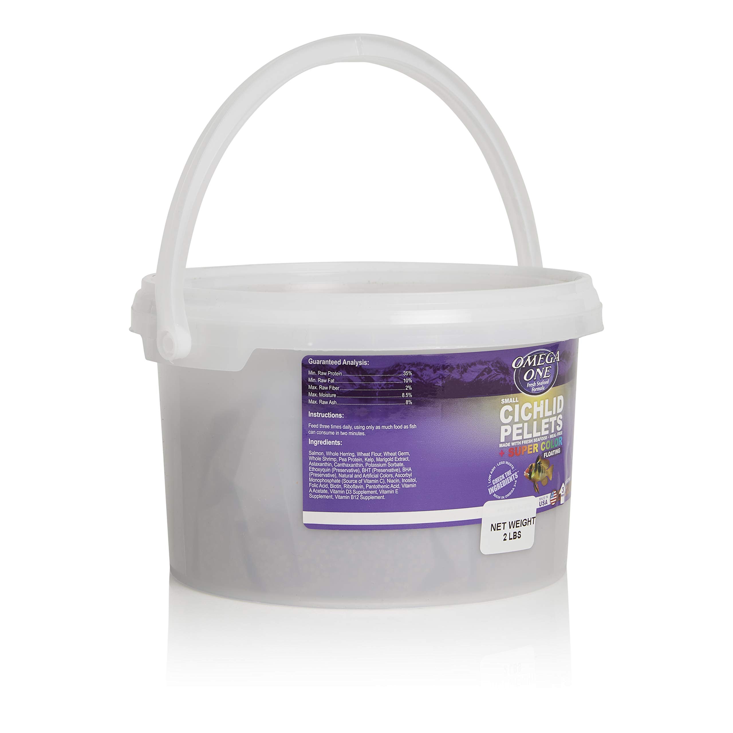 Pellets flotantes Omega One para cíclidos con pigmentos naturales y colores definidos.