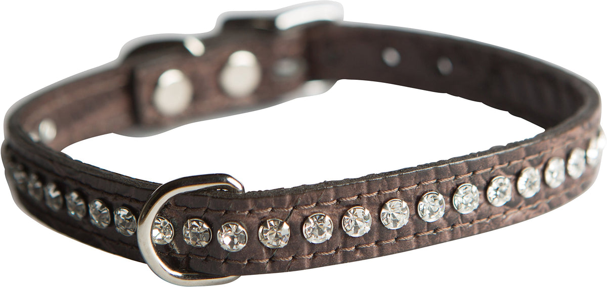 Collar OmniPet de cuero cocodrilo chocolate con cristales, para paseos elegantes.