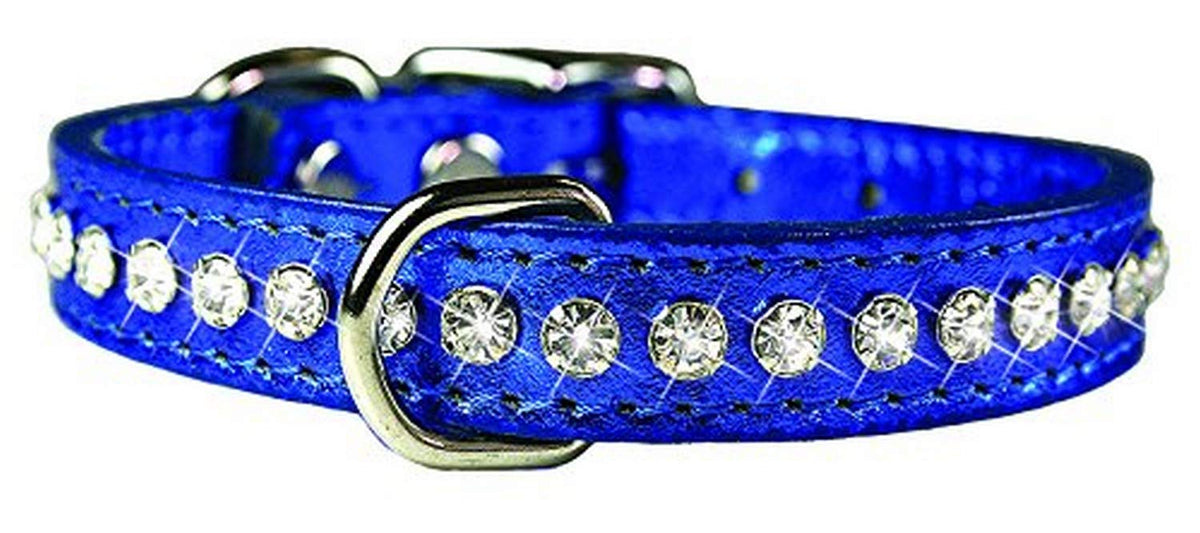 Collar OmniPet de cuero azul metálico con cristales, ideal para paseos diarios.