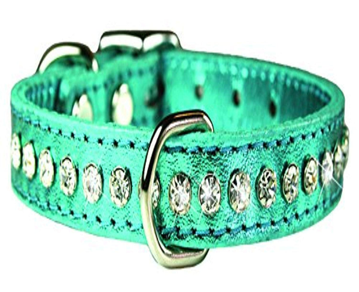 Collar OmniPet de cuero turquesa con cristales para paseos con estilo y comodidad.
