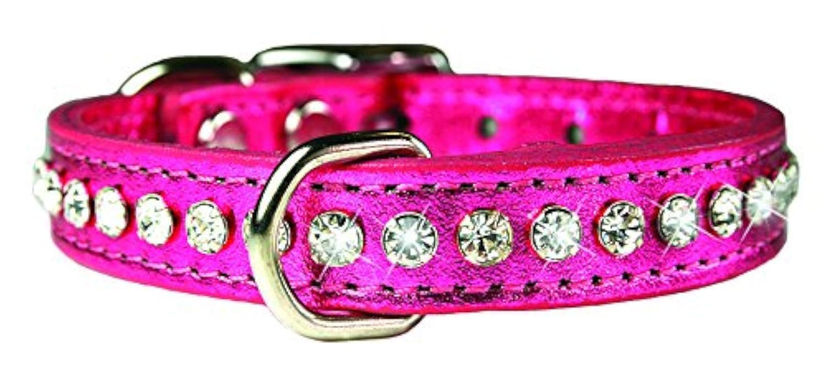Collar OmniPet con cristales rosados y cuero de grano sólido, ideal para paseos diarios con estilo.
