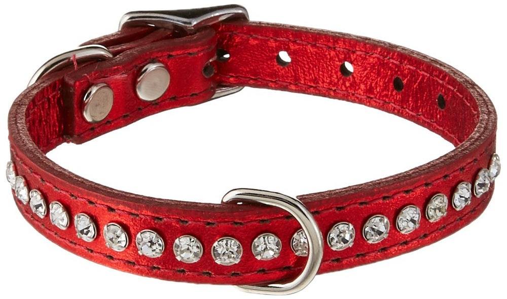 Collar OmniPet de cuero con cristales rojos metálicos para uso diario con estilo.