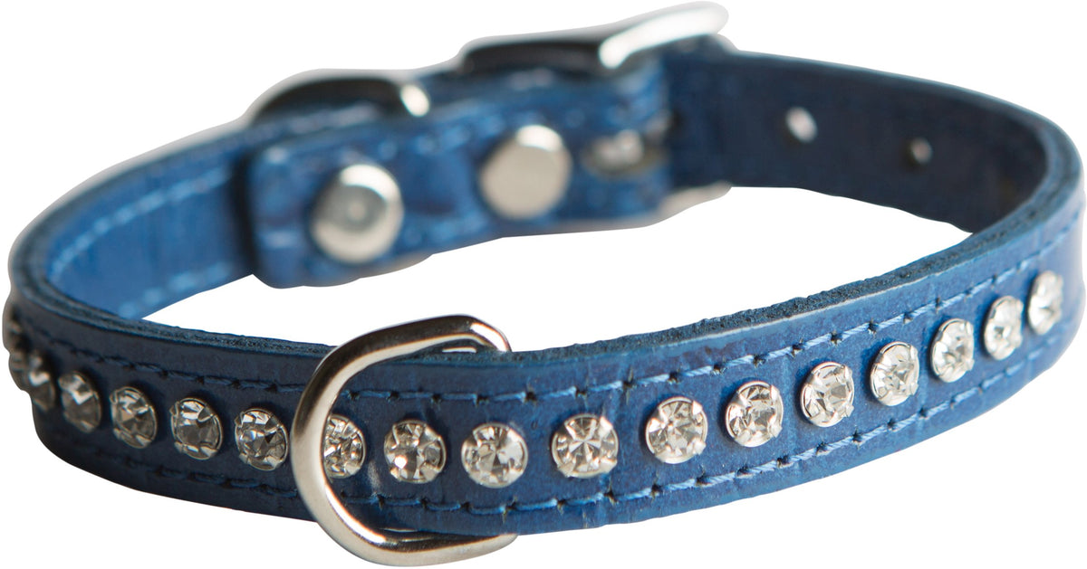 Collar OmniPet de cuero azul con textura cocodrilo, ideal para paseos elegantes y duraderos