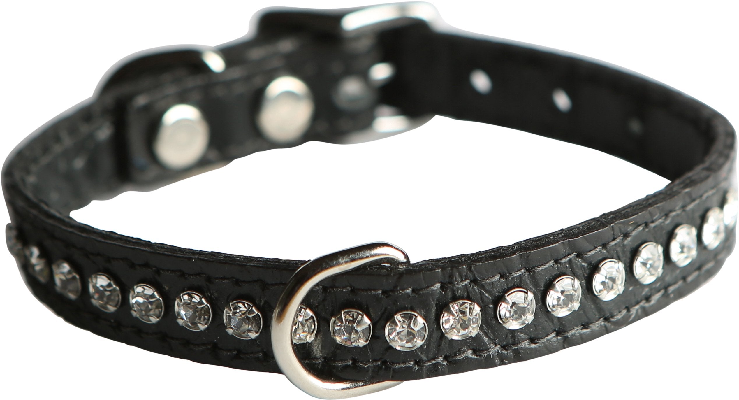 Collar OmniPet Signature en cuero cocodrilo negro con cristales, ideal para paseos con estilo.