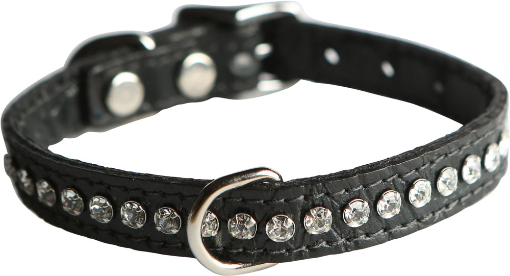 Collar OmniPet Signature en cuero cocodrilo negro con cristales, ideal para paseos con estilo.