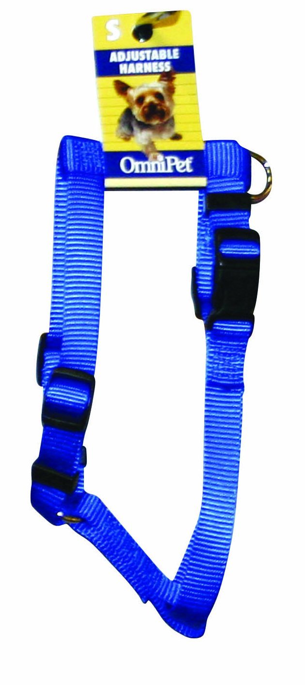 Arnés OmniPet Kwik Klip en azul, nylon ajustable para paseos diarios con perros pequeños.