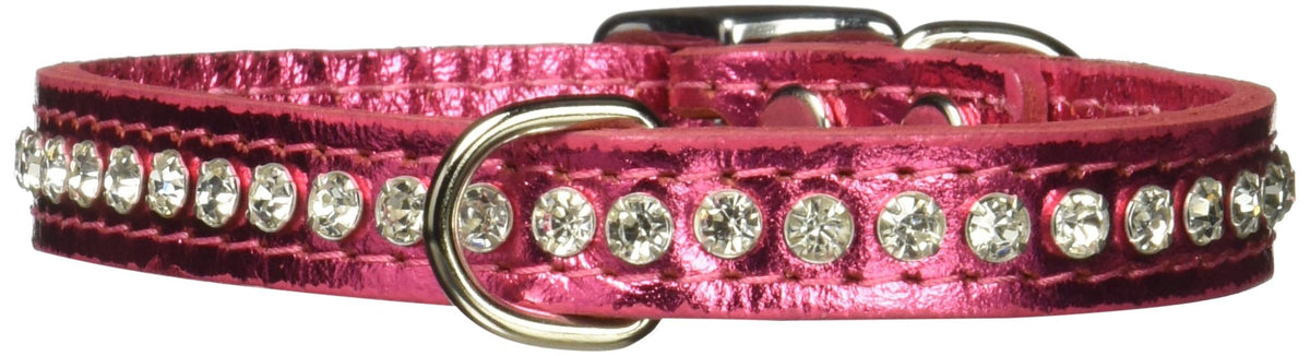 OmniPet Signature Leather Crystal Collar in metallic pink showcases sparkling rhinestones for daily charm.