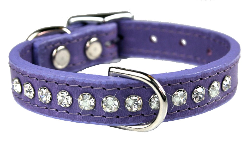 Collar OmniPet Signature de cuero con cristales lavanda, ideal para paseos diarios y comodidad.