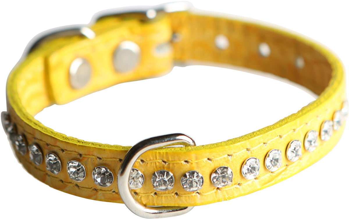 OmniPet Signature Leather Crystal Dog Collar in yellow crocodile grain for stylish daily wear.