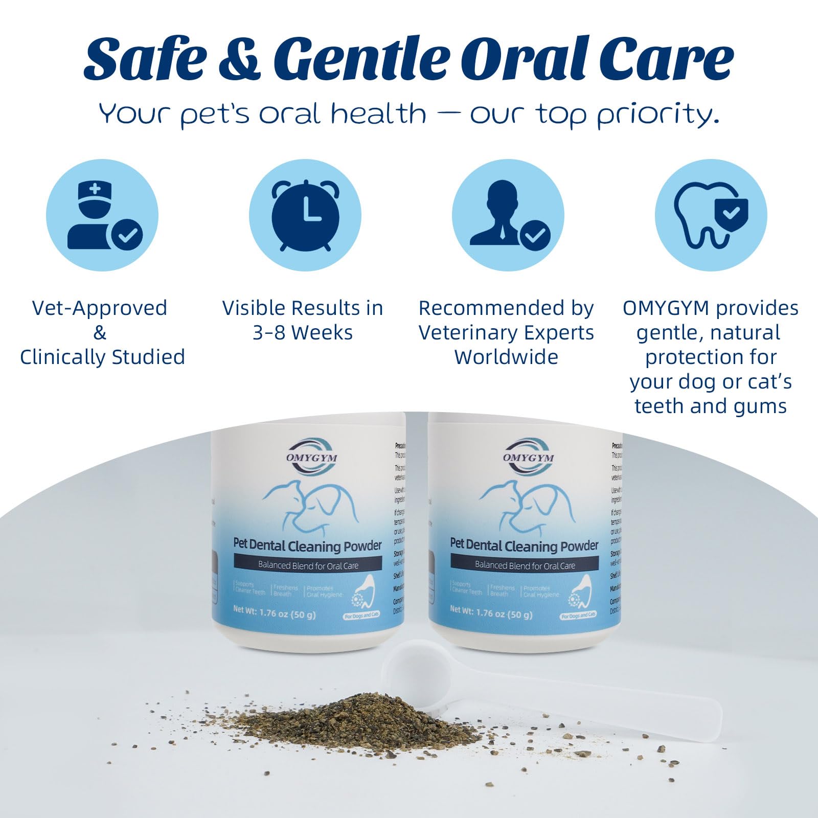 OMYGYM polvo dental espolvoreado sobre comida, facilita higiene oral diaria.