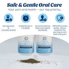 OMYGYM polvo dental espolvoreado sobre comida, facilita higiene oral diaria.