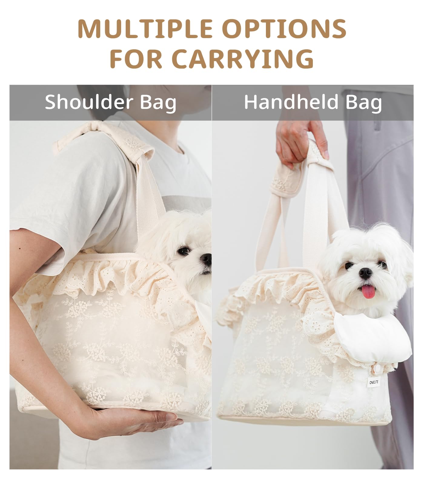 ONECUTE transportín beige con encaje, ideal para salidas veraniegas.