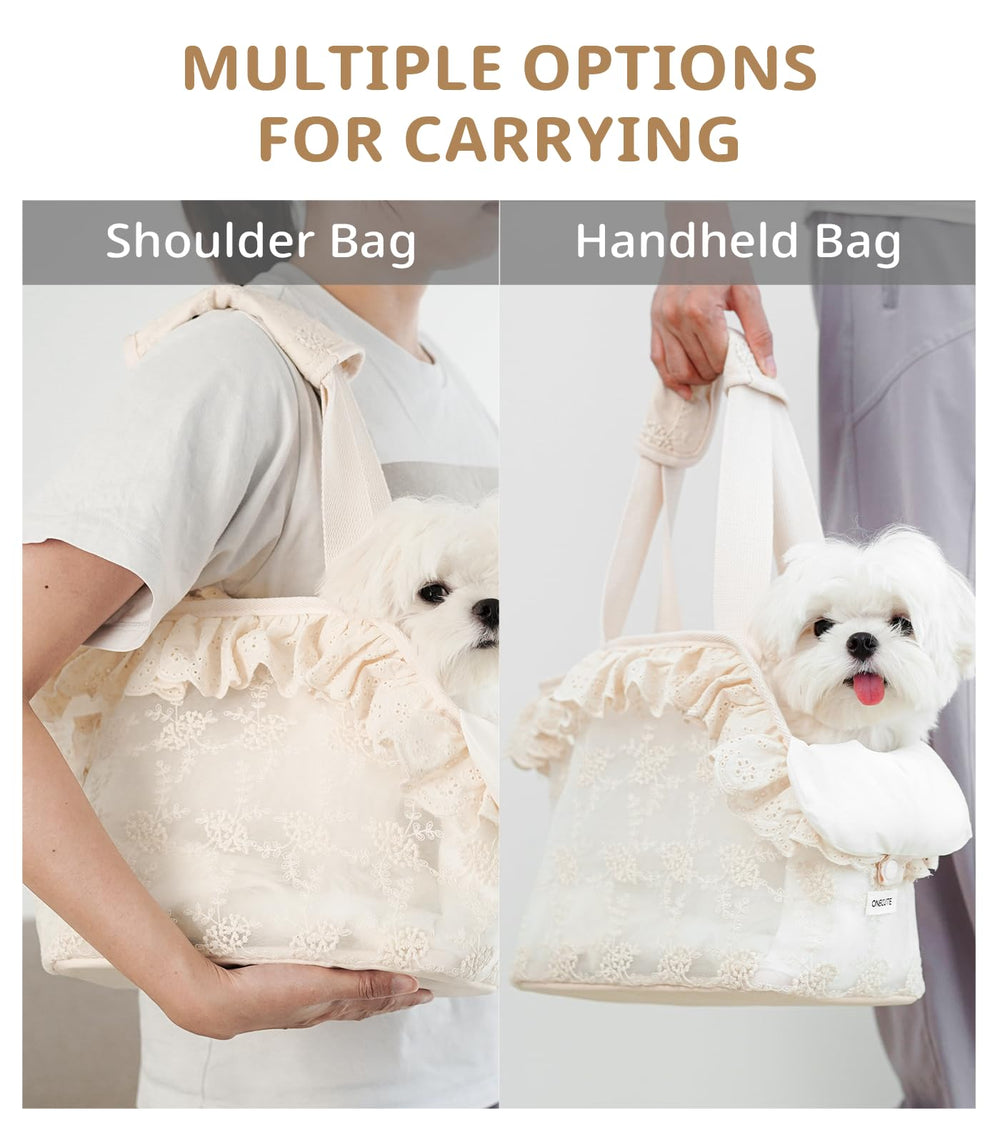 ONECUTE transportín beige con encaje, ideal para salidas veraniegas.