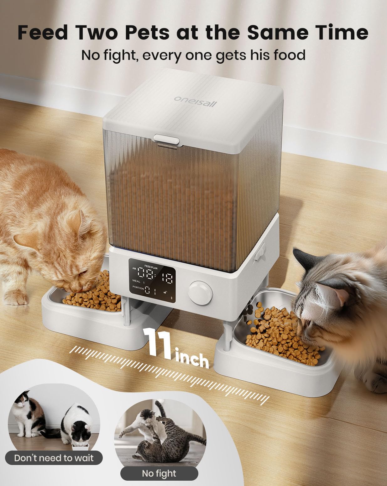 Oneisall alimentador automático, dos platillos, adecuada convivencia entre gatos.