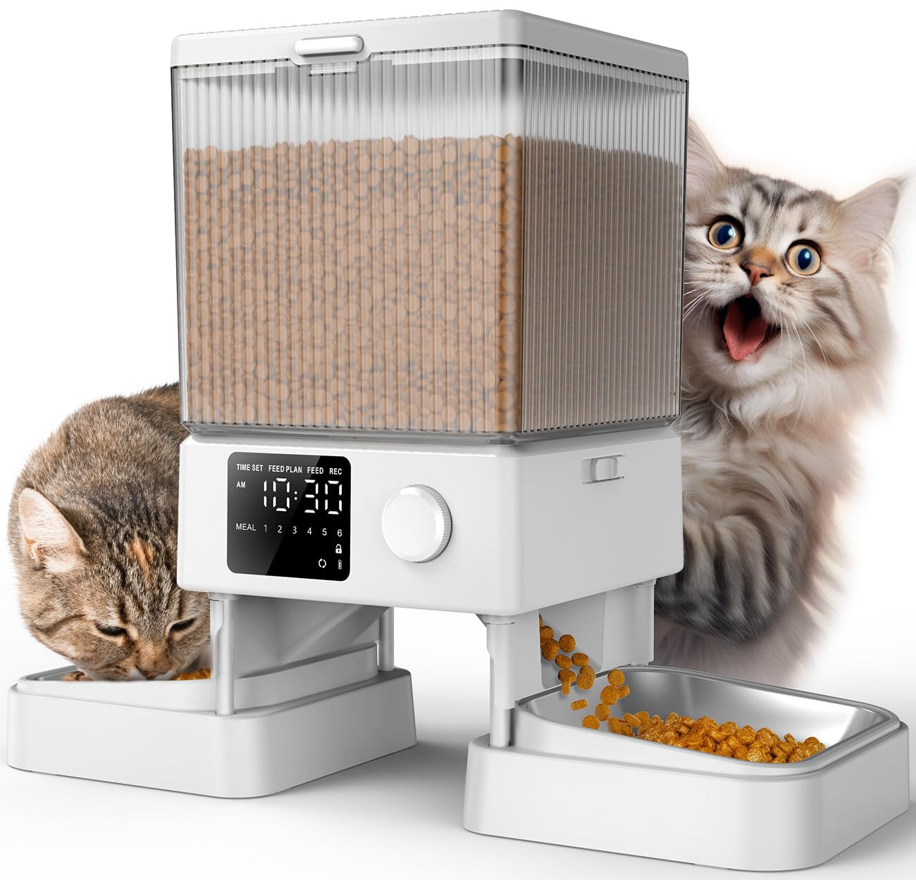 Oneisall alimentador automático para gatos, vista frontal, facilita la alimentación diaria.