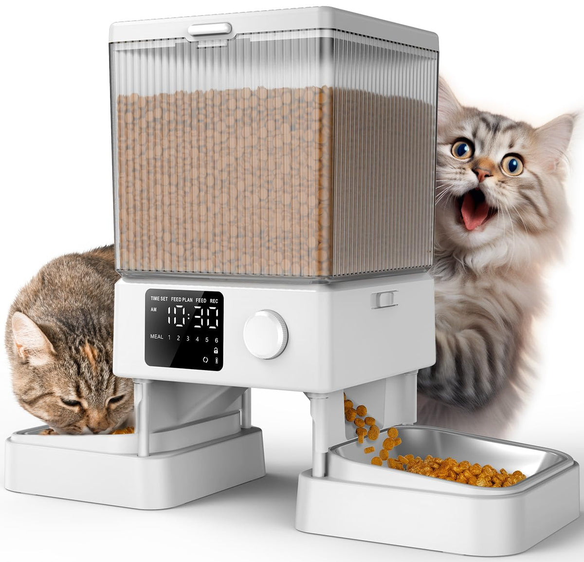 Oneisall alimentador automático para gatos, vista frontal, facilita la alimentación diaria.