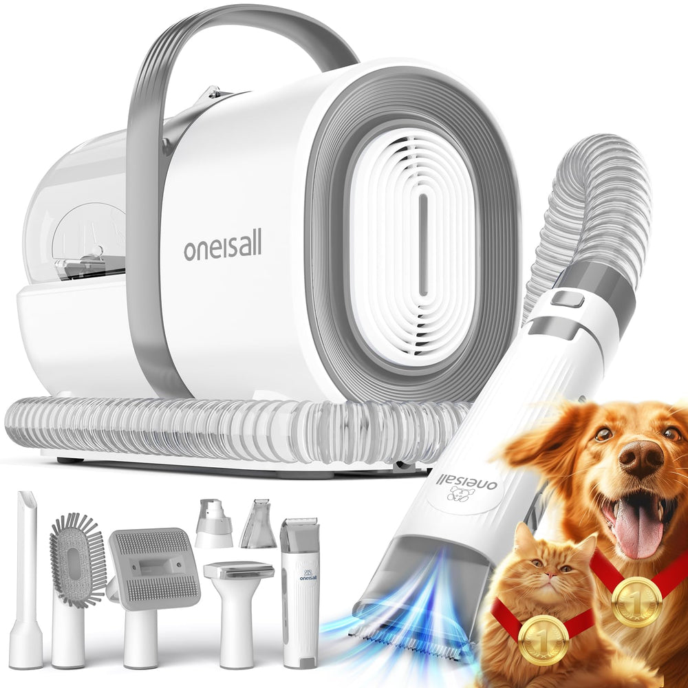 Oneisall aspiradora de cuidado para perros recoge pelo durante el cepillado.