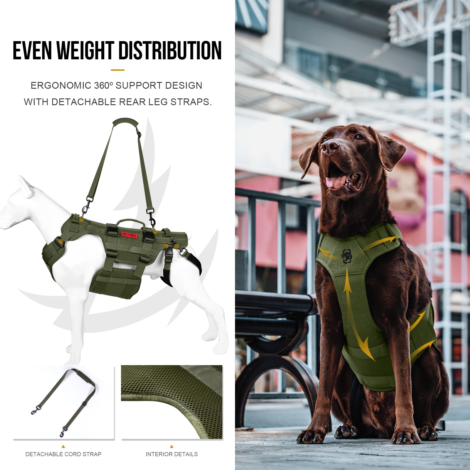 OneTigris arnés de levantamiento con correas ajustables, adaptable a diferentes tallas y perros
