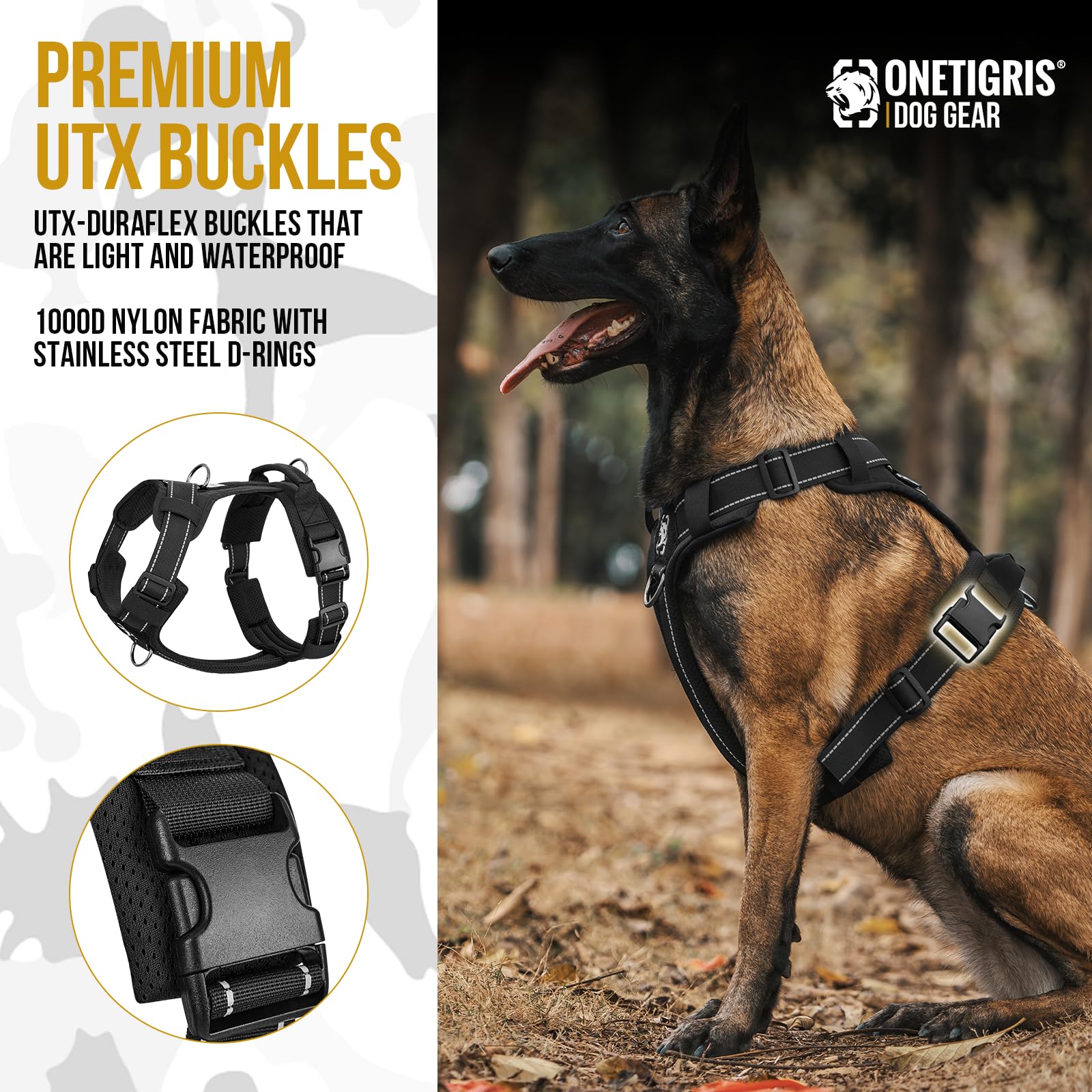 ONETIGRIS arnés perro nylon 1000D duradero para aventuras al aire libre.