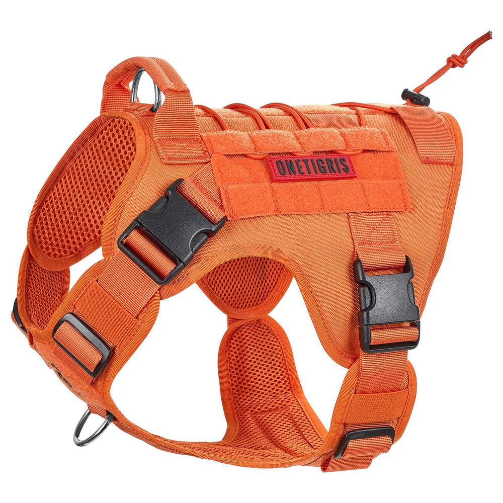 OneTigris arnés táctico para perro naranja con ajuste cómodo para caminatas diarias.