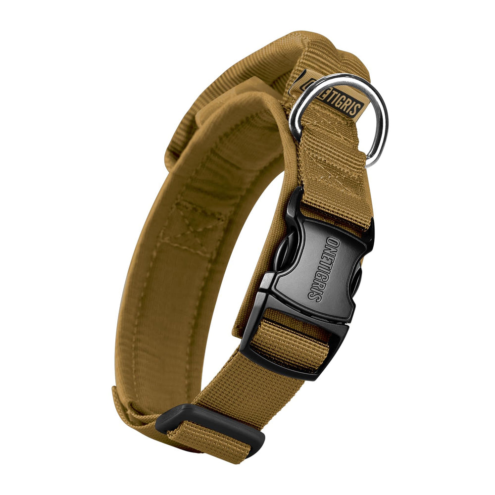 OneTigris collar táctico con asa marrón para paseos y entrenamiento.