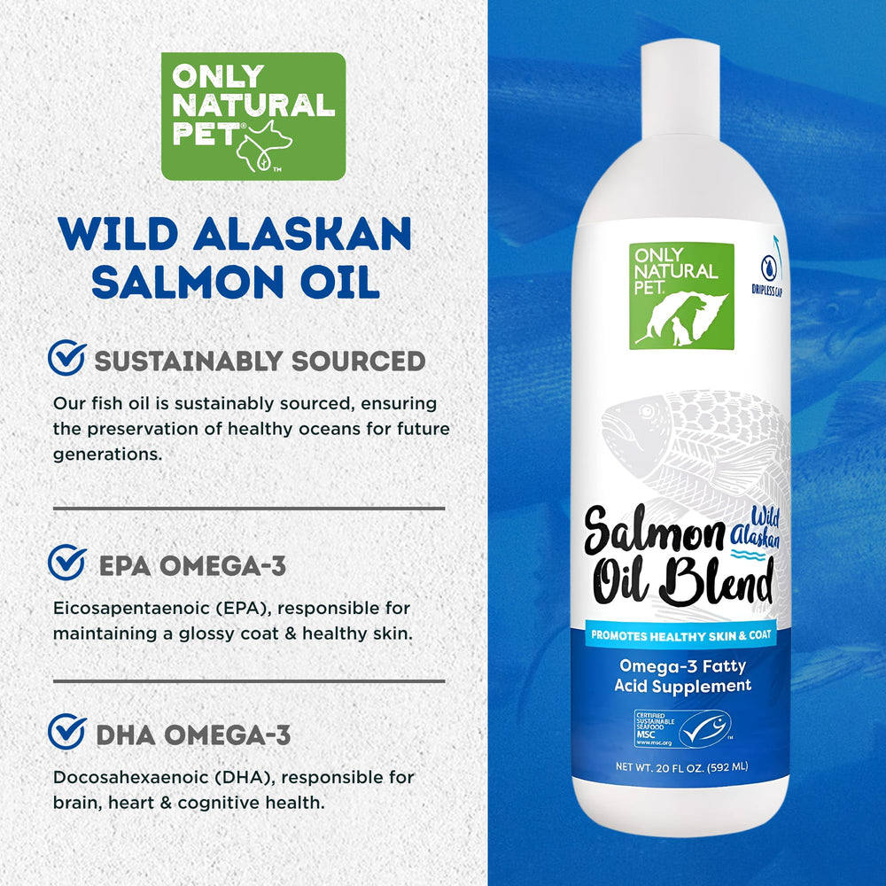 Only Natural Pet Aceite Salmón Alaska Etiqueta clara, pureza y origen