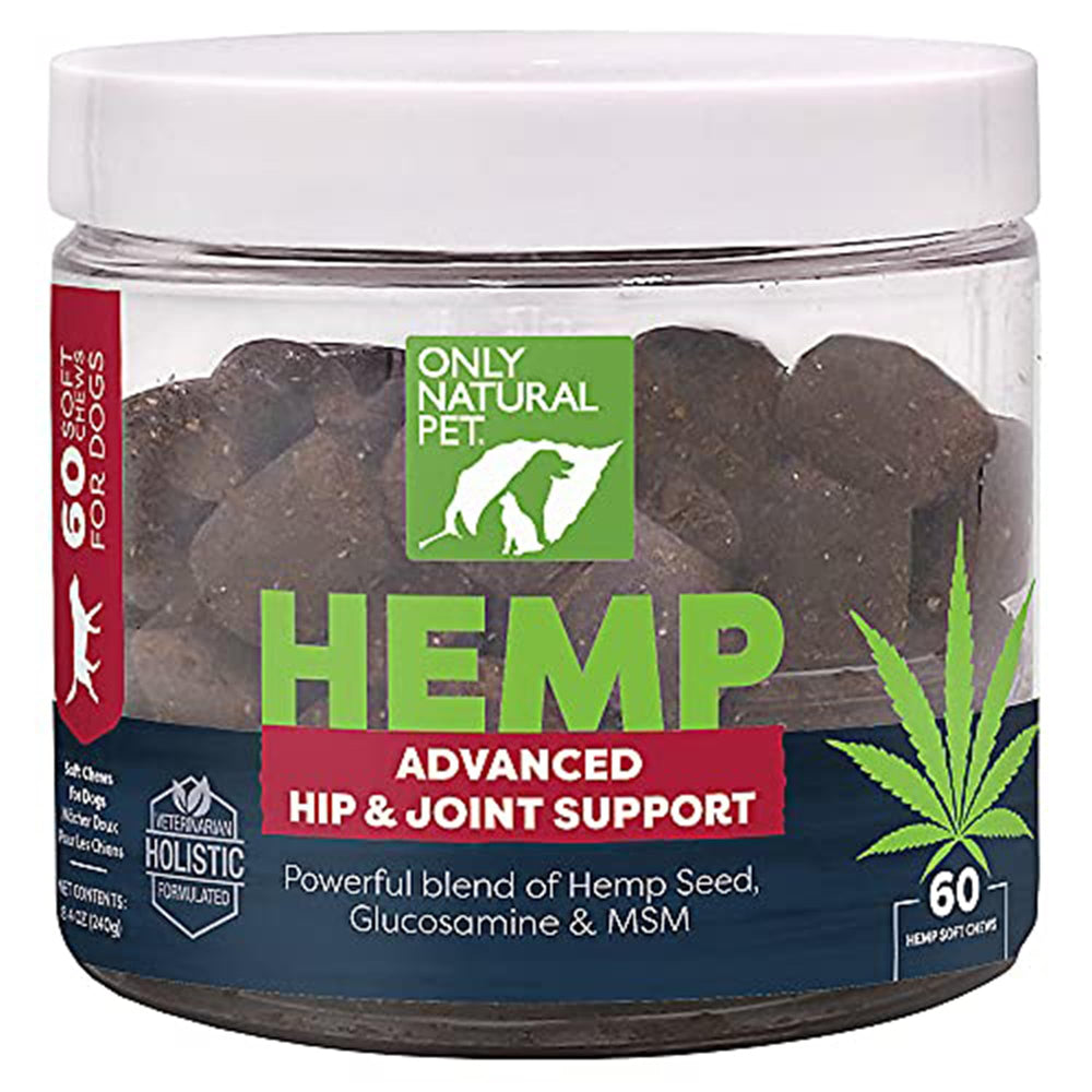Only Natural Pet Hemp Advanced Mobility, empaque informativo para bienestar de perros.
