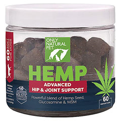 Only Natural Pet Hemp Advanced Mobility, empaque informativo para bienestar de perros.